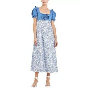 140$ English Factory Sweetheart Denim Trim Fit & Flare Maxi Dress Size XS Blue